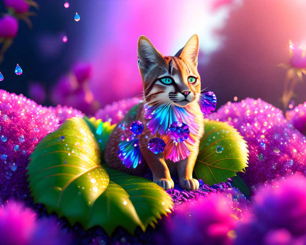 Colorful Cat Artwork with Blue Eyes and Jewels on Vibrant Leaves