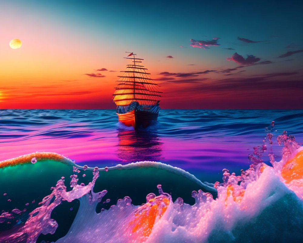 Colorful sunset over ocean with tall ship sailing on rippling waters