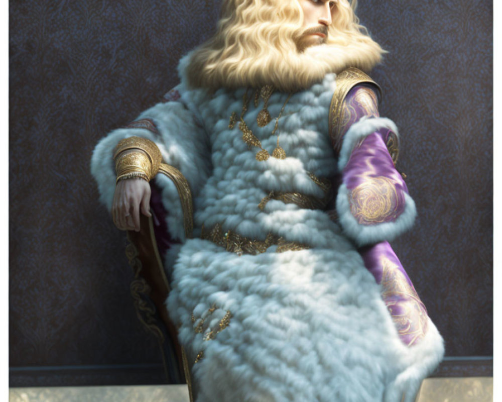 Majestic king with golden crown on luxurious throne in regal attire