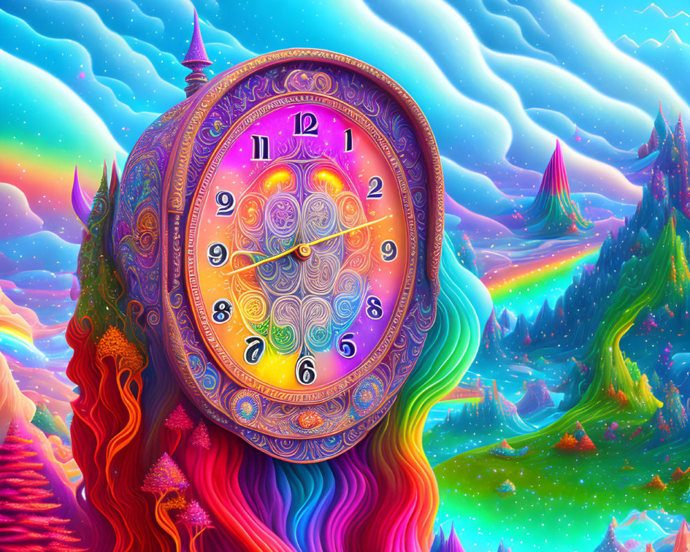 Colorful Fantasy Landscape with Ornate Clock in Whimsical Sky