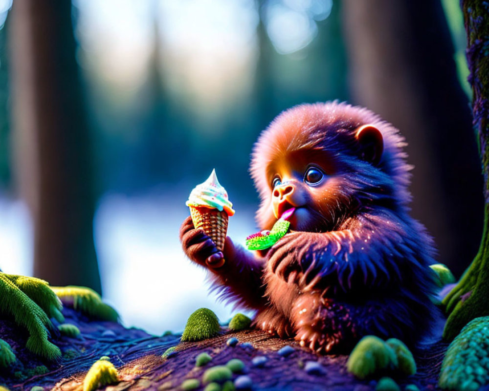 Fluffy Brown Creature Toy with Ice Cream Cone in Forest Scene