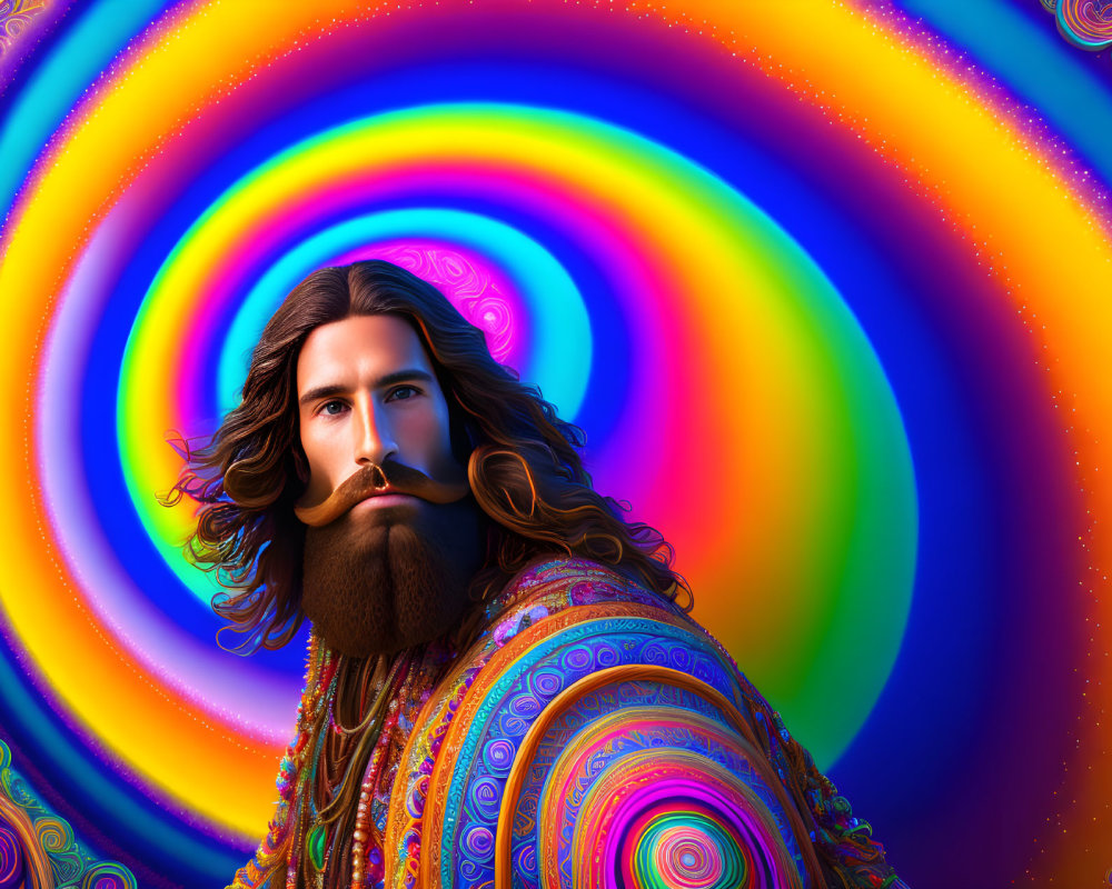 Man with Long Brown Hair and Beard in Colorful Garment Amid Psychedelic Swirl