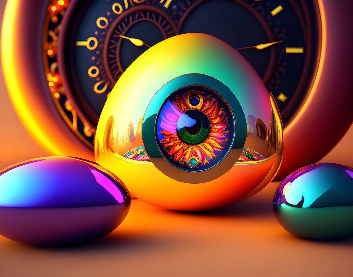 Colorful 3D Artwork with Eye-like Sphere and Reflective Orbs