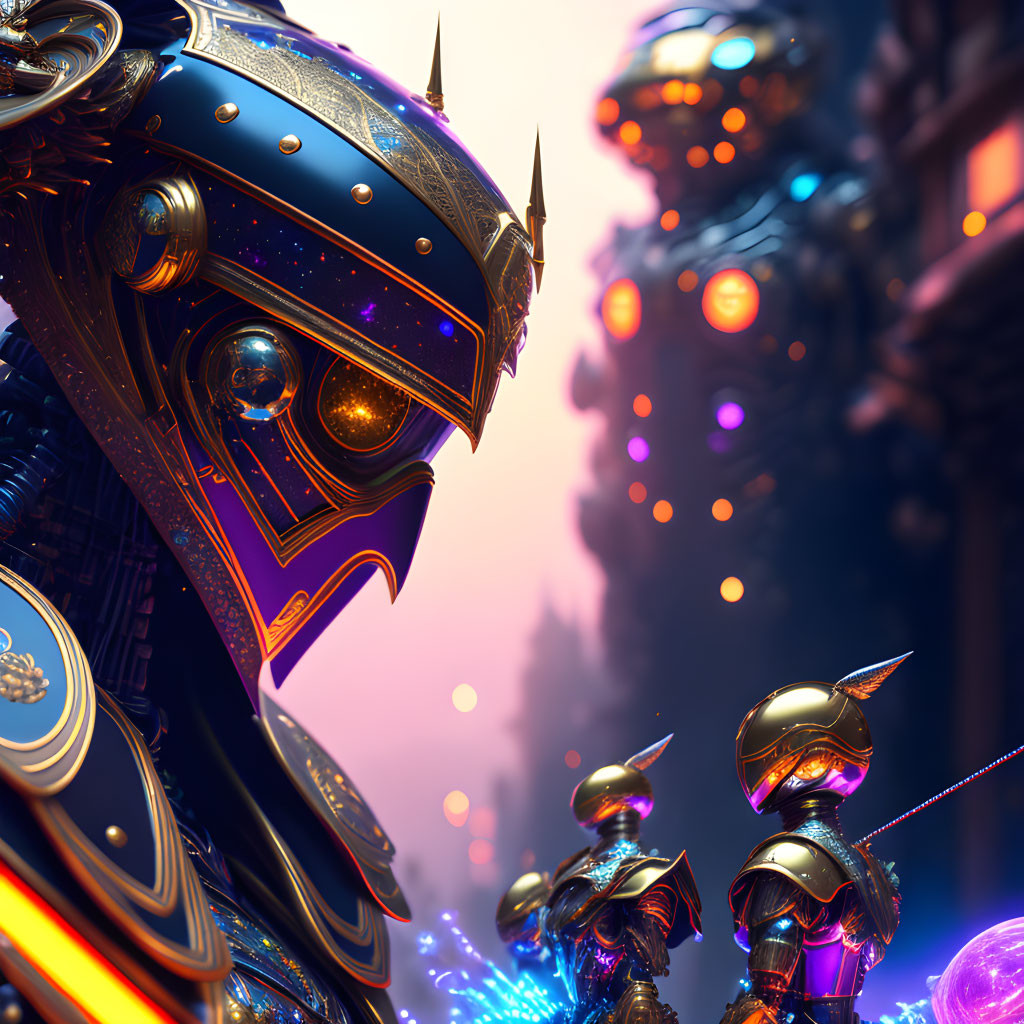 Futuristic knights in ornate armor in neon-lit sci-fi cityscape