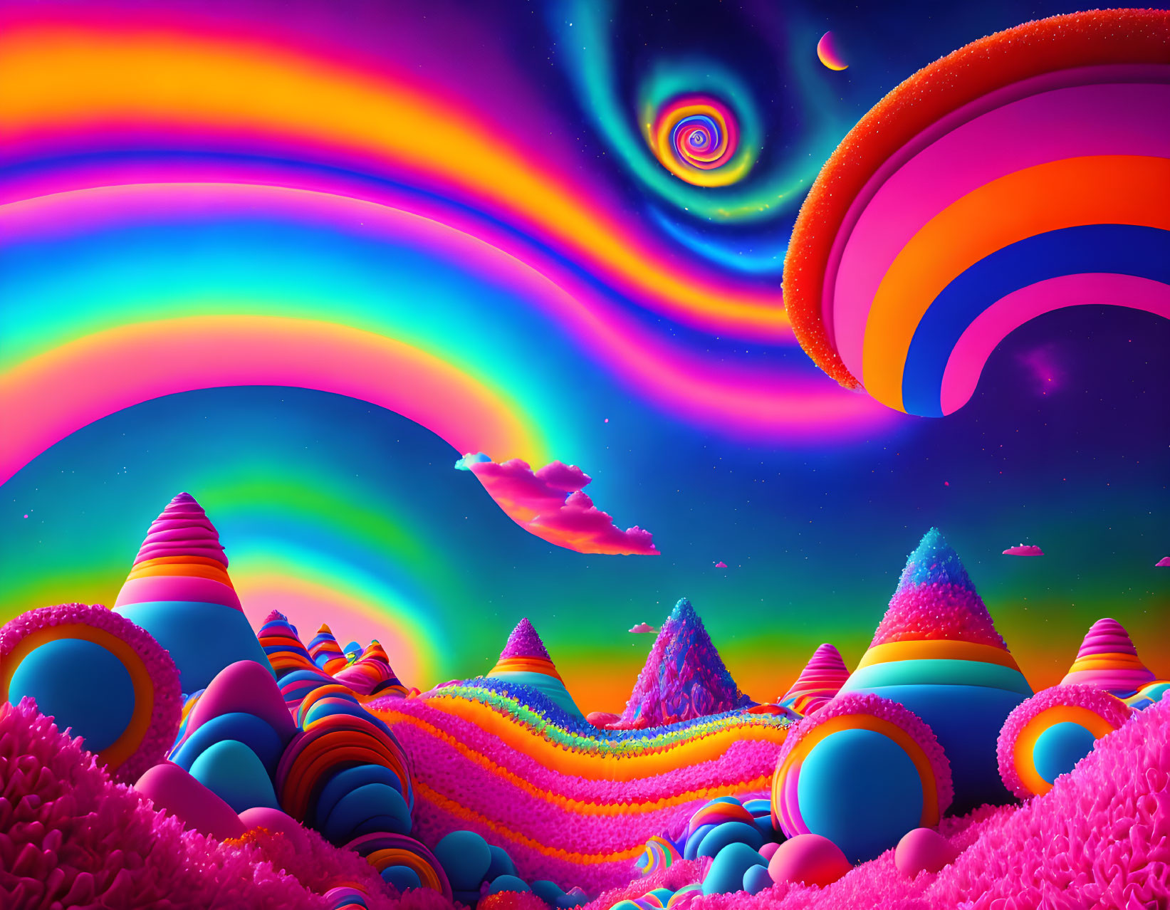 Colorful Psychedelic Landscape with Neon Skies and Cosmic Background