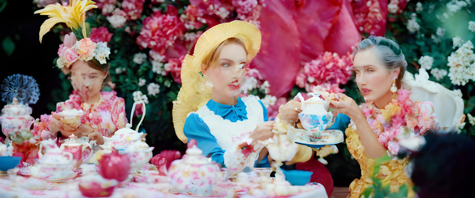 Three women in vintage dresses having tea in a floral setting