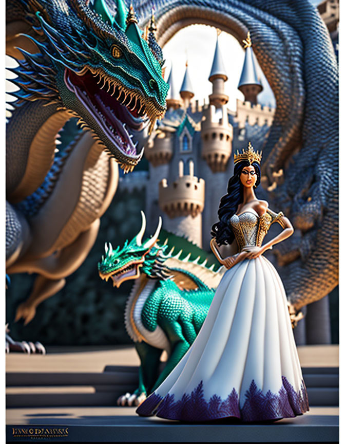 Queen in White and Gold Gown with Dragons and Castle Spires
