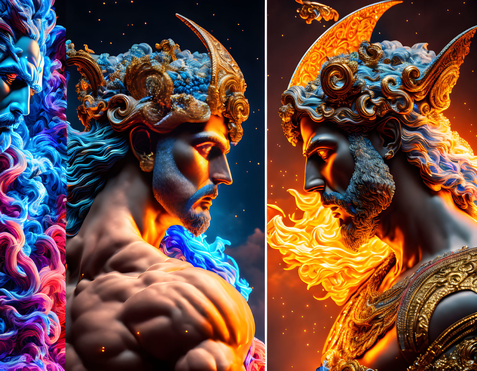 Man Split Image Symbolizing Day and Night with Sun and Moon Elements in Blue and Orange Tones