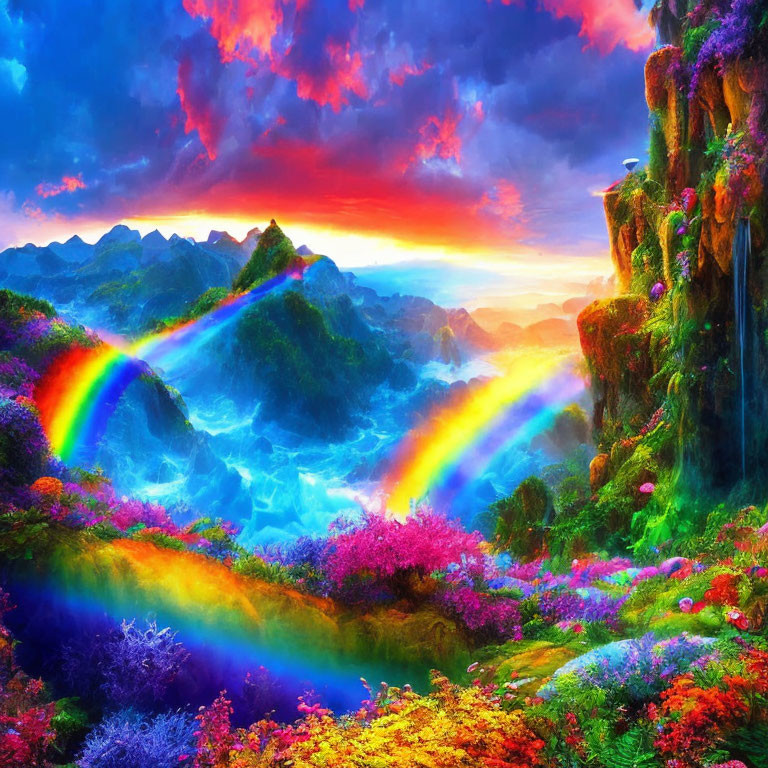 Colorful Fantasy Landscape with Waterfall, Double Rainbows, and Sunset Sky