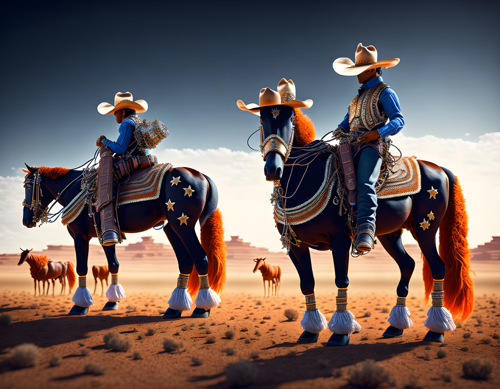 Two cowboys in ornate outfits and wide-brimmed hats on decorated horses in a desert landscape