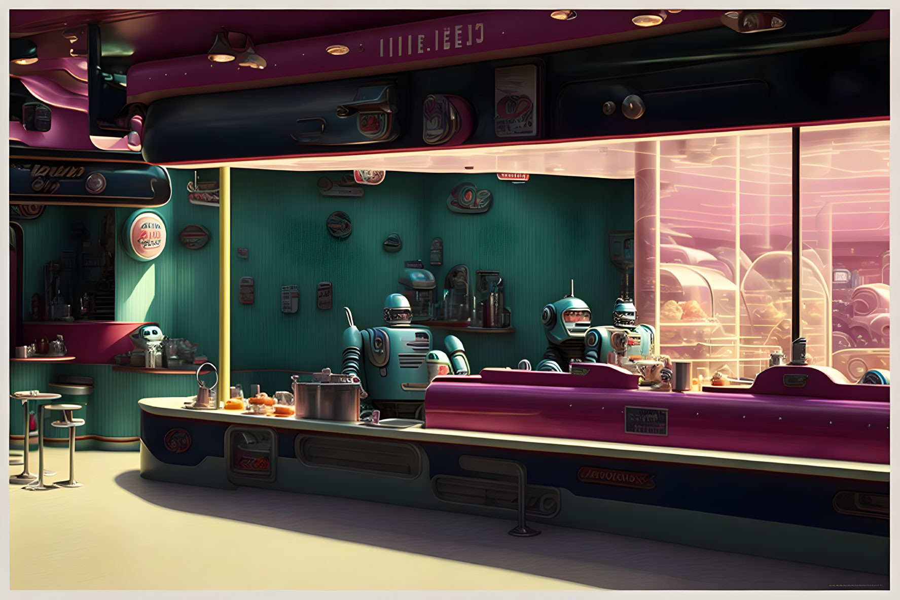 Vintage-inspired diner with robot servers, pink & teal decor, pastries on counter