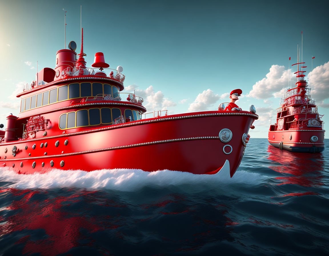 Red boats on the sea under partly cloudy sky with person in red uniform
