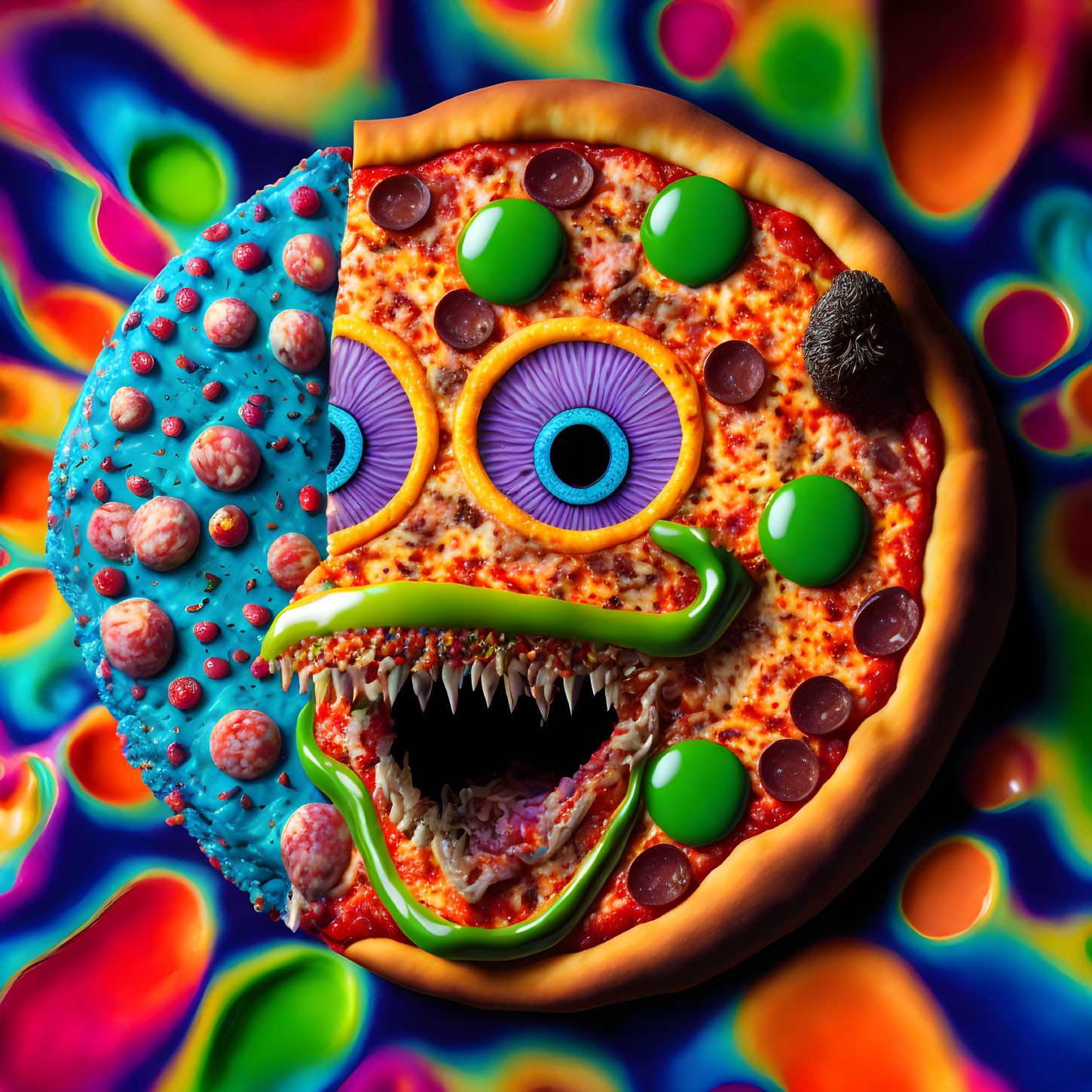 Vibrant surreal pizza with monstrous face and candy crust on psychedelic background