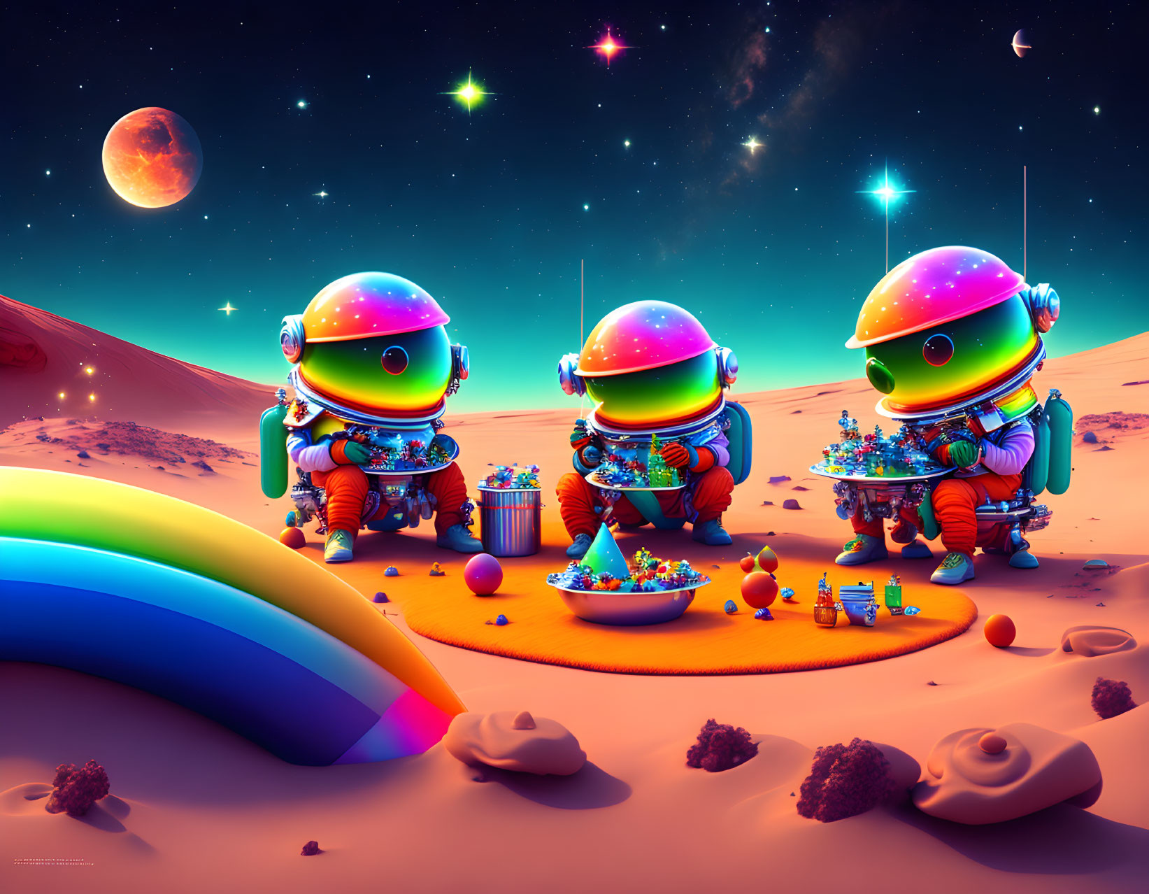 Colorful Astronauts Collecting Gems and Candies on Alien Landscape
