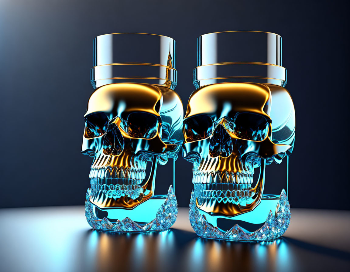 Skull-shaped glass jars with golden lids on dark surface and blue background