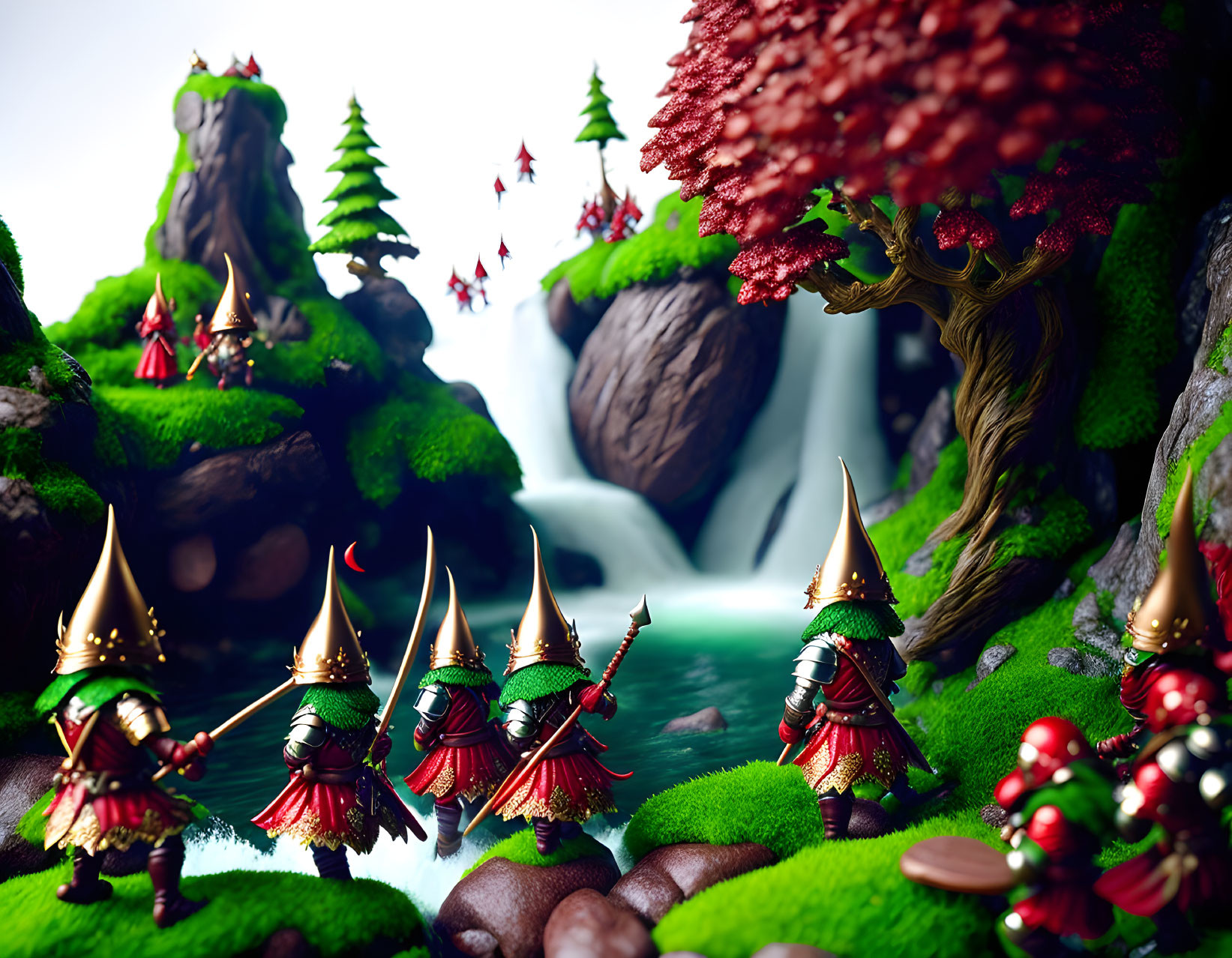 Fantasy landscape with waterfall, moss-covered rocks, red-leafed trees, and miniature armored knights