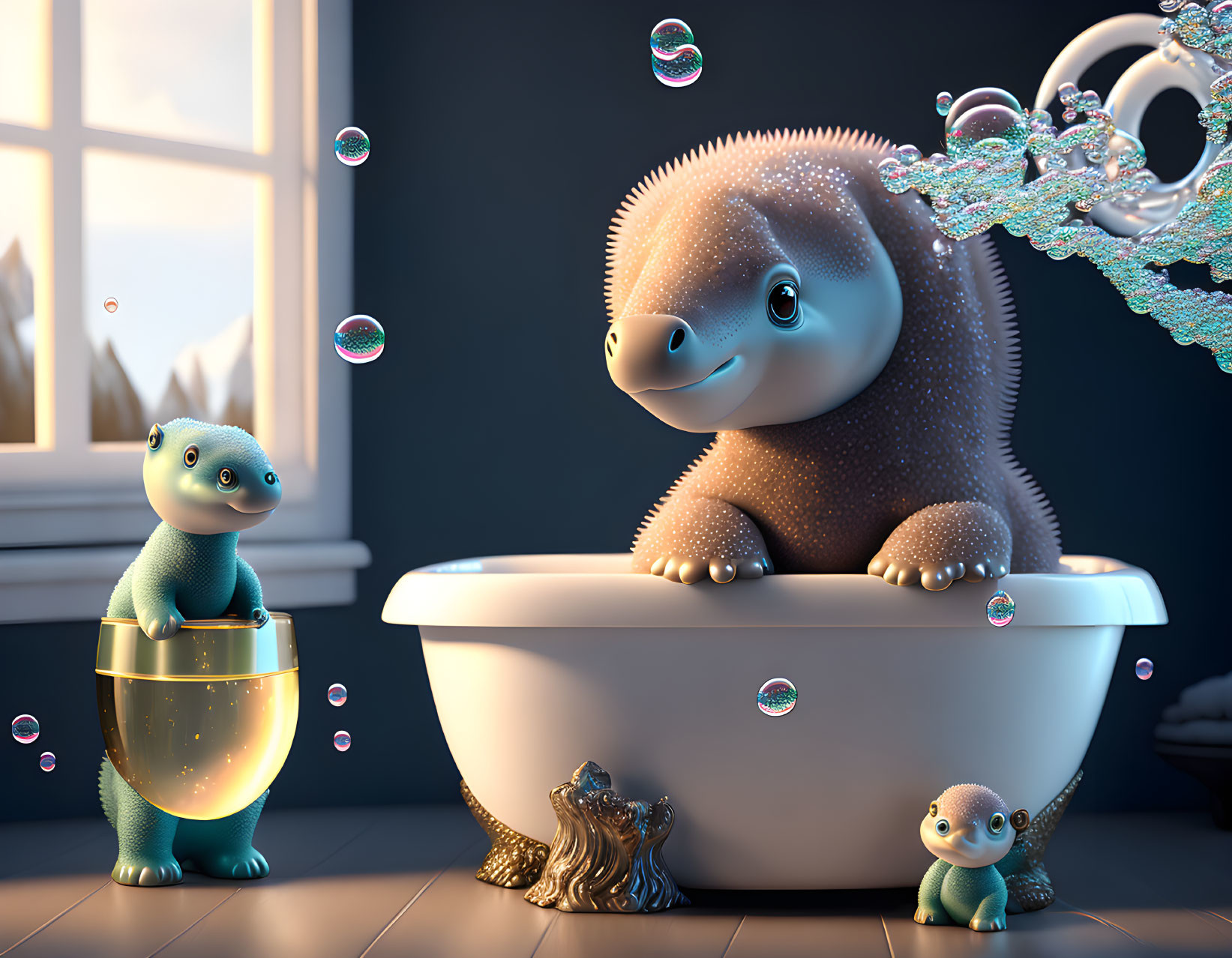 Adorable chubby cartoon dinosaurs in a cozy bath scene