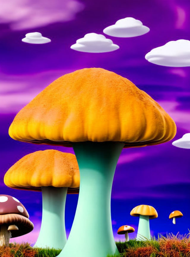 Vibrant fantasy landscape with oversized colorful mushrooms under a purple sky.