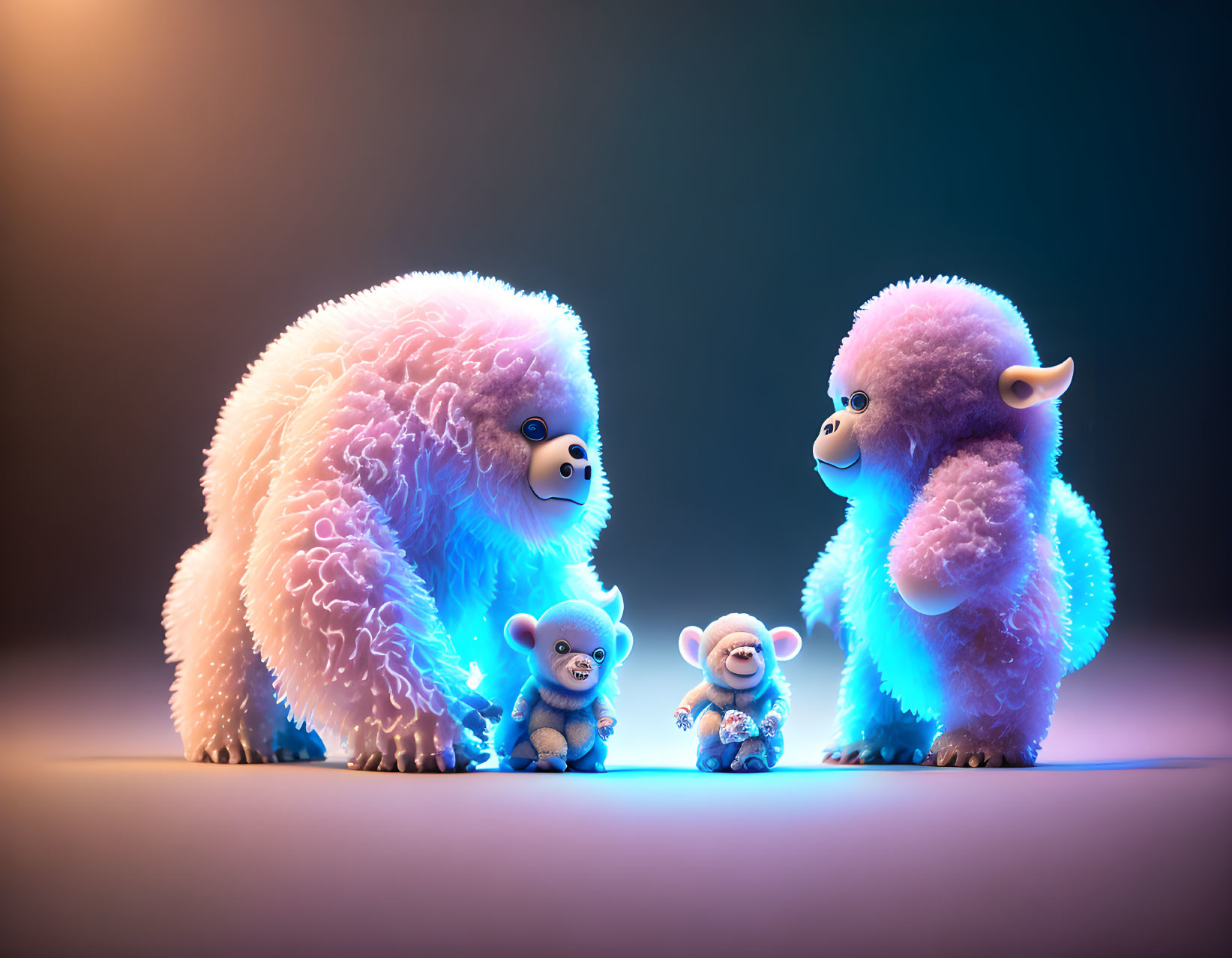 Three fluffy, colorful creatures under soft, gradient lighting.
