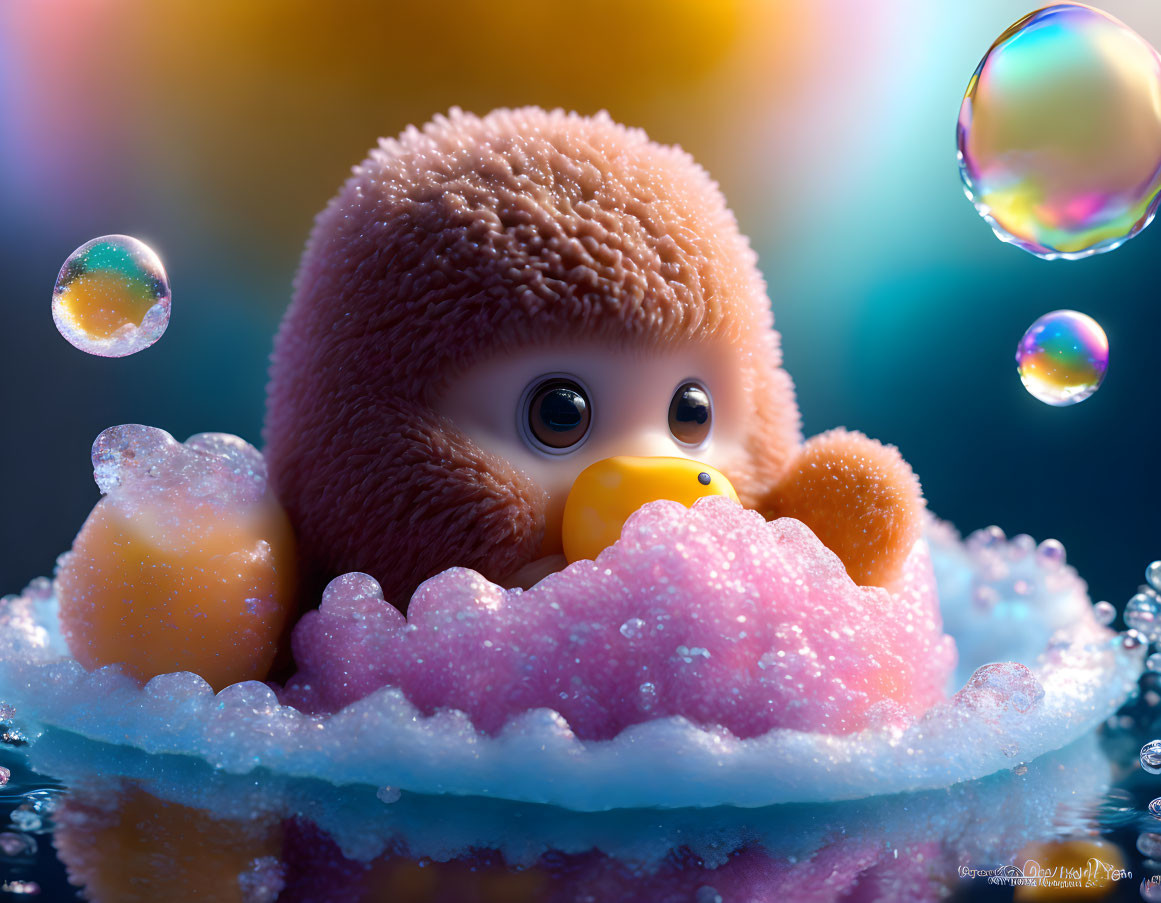 Adorable fuzzy toy with big eyes bathes in bubbly bath