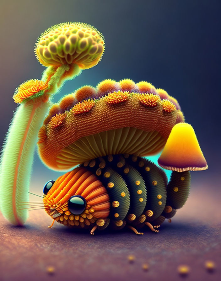 Colorful Caterpillar Illustration with Mushroom-like Structures and Fantasy Plant