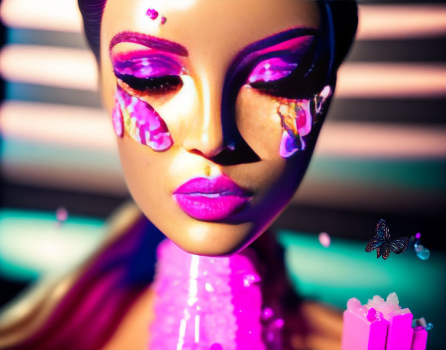 Stylized feminine figure with purple makeup and butterfly on colorful background