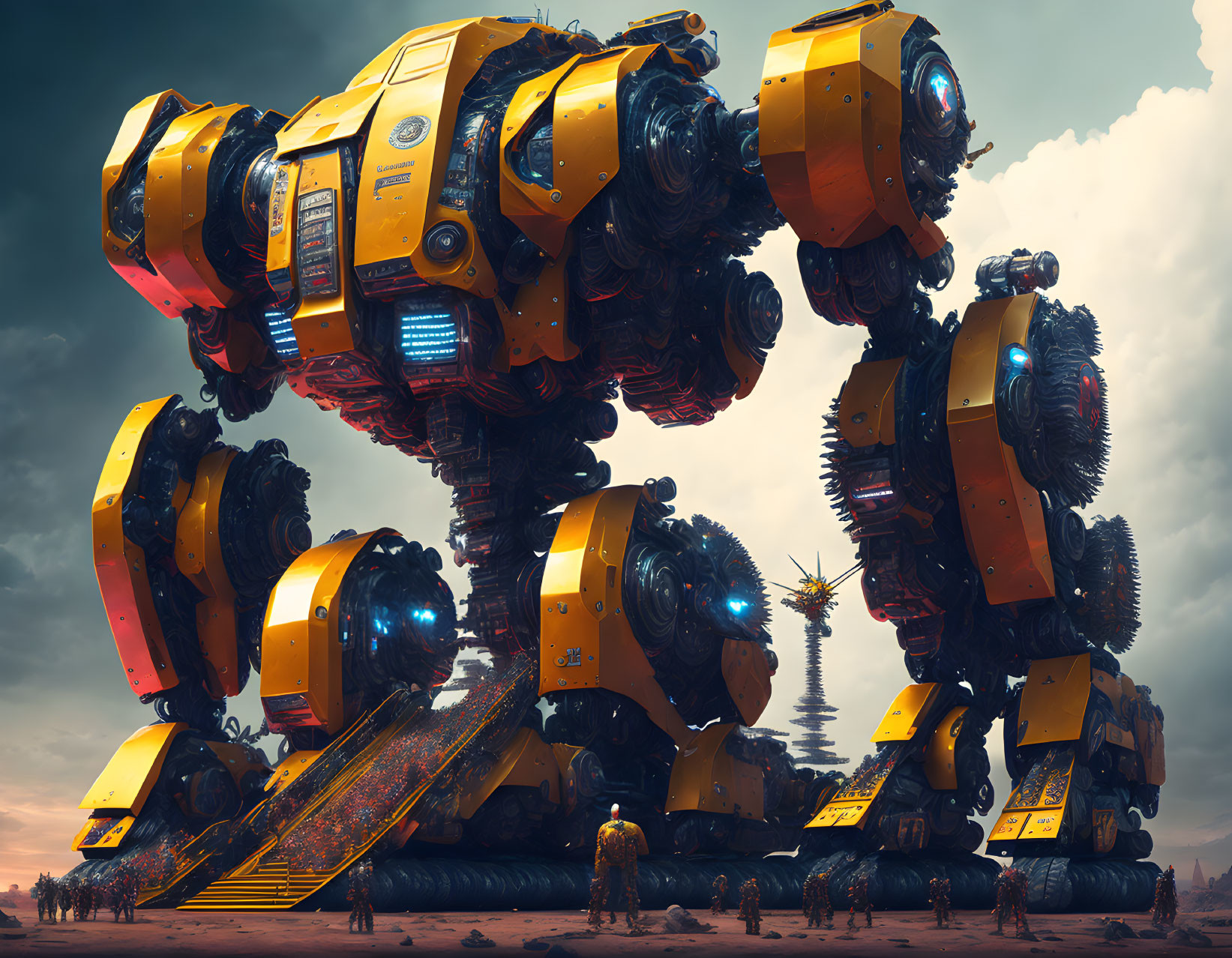 Yellow and Black Robotic Structures in Futuristic Landscape
