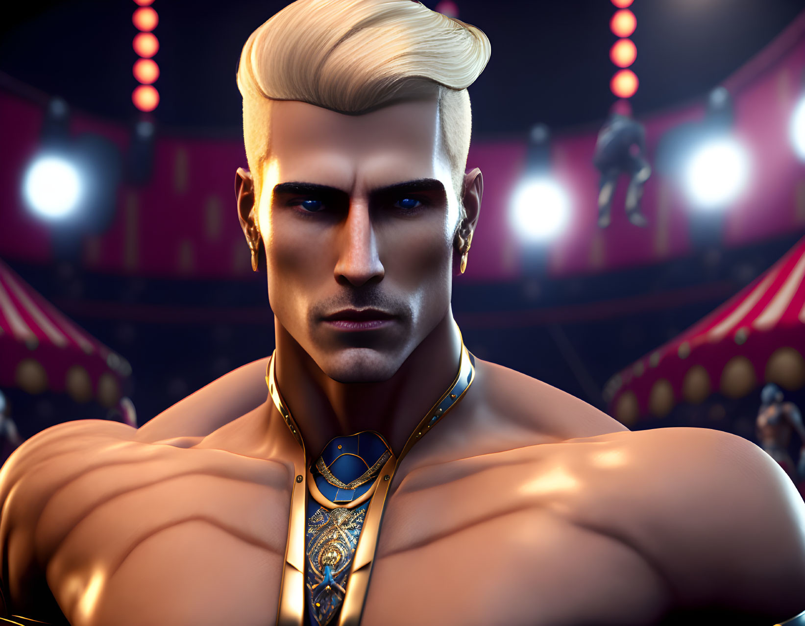 Muscular animated character with white pomp haircut in circus setting