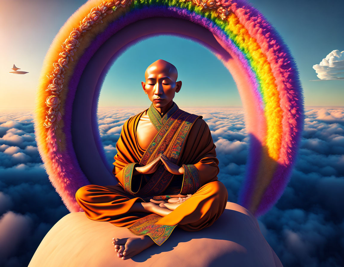 Bald Figure Meditating on Cloud with Rainbow and Floating Islands