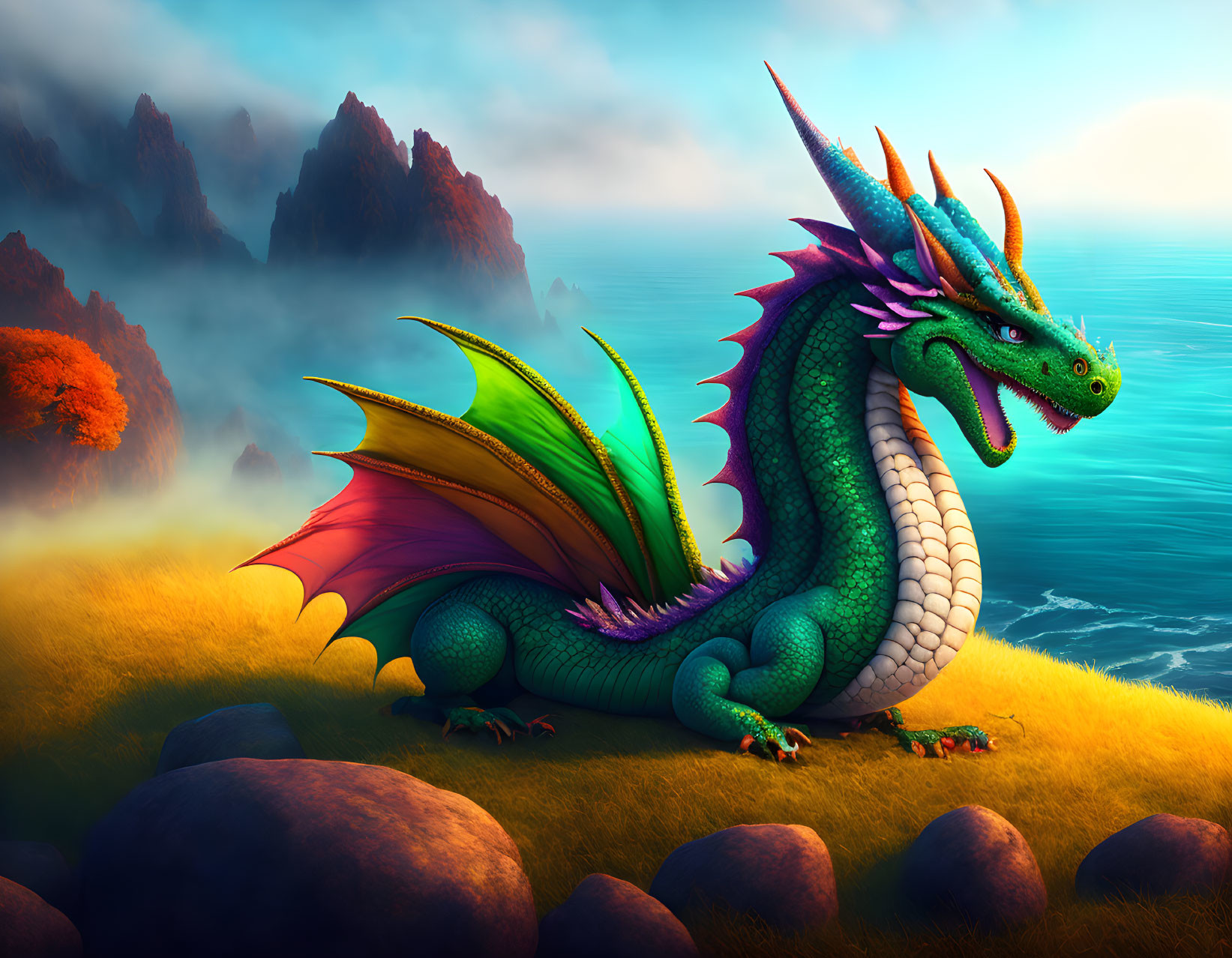 Colorful Green Dragon Artwork Among Autumn Trees and Sea Cliffs