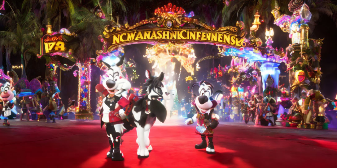 Colorful Carnival Entrance with Festive Attired Animated Cows