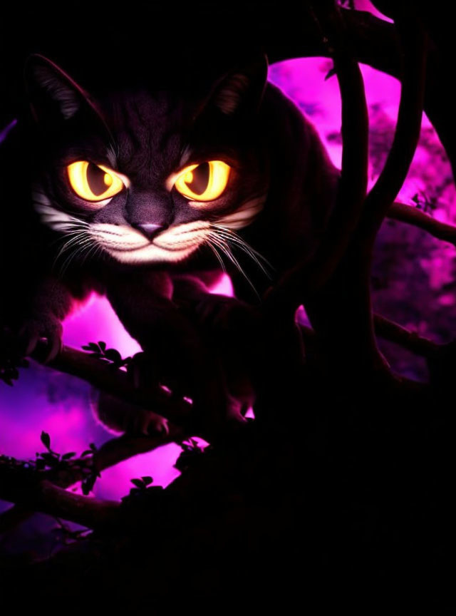 Glowing yellow-eyed cat in purple light among branches