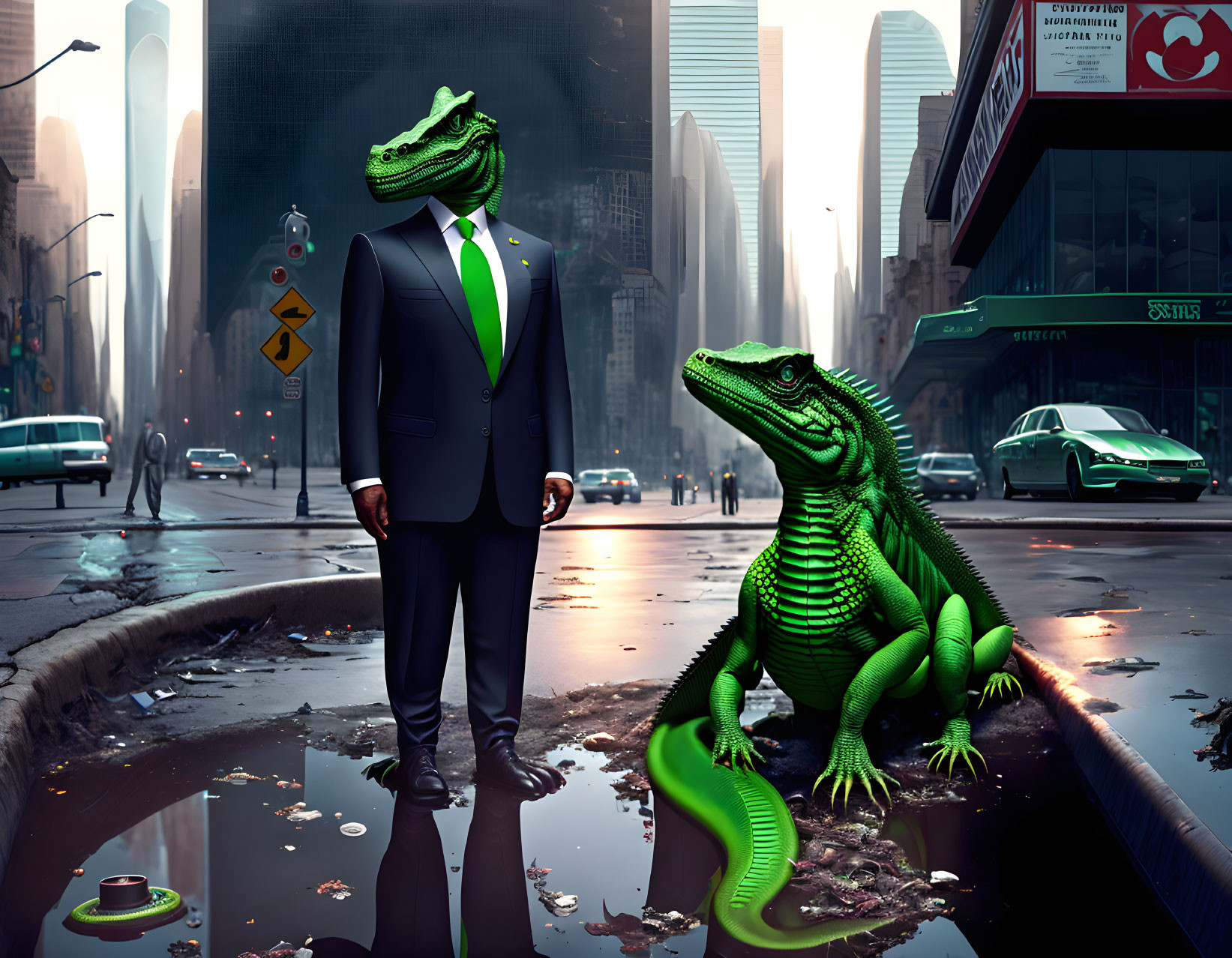 Digital artwork: Two alligators in urban attire in futuristic cityscape