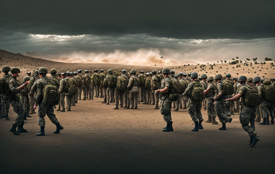 Military soldiers in camo gear marching in desert under stormy sky