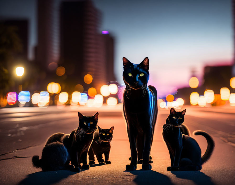 Four Black Cats on City Street at Dusk with Illuminated Buildings