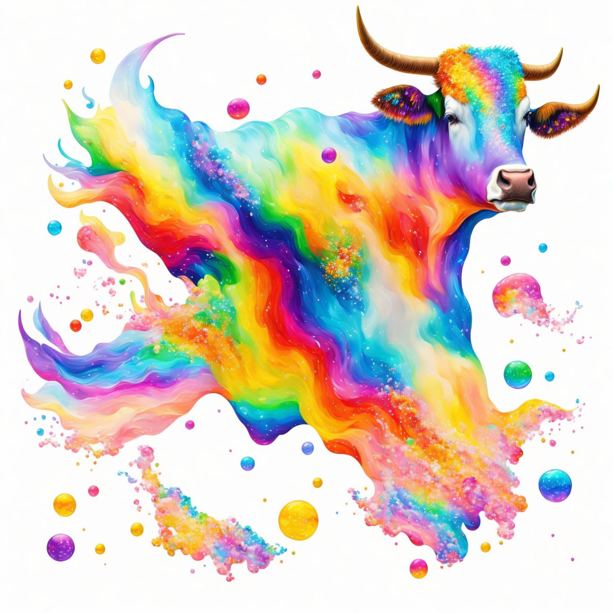 Colorful Bull Illustration with Rainbow Paint-Like Body on White Background