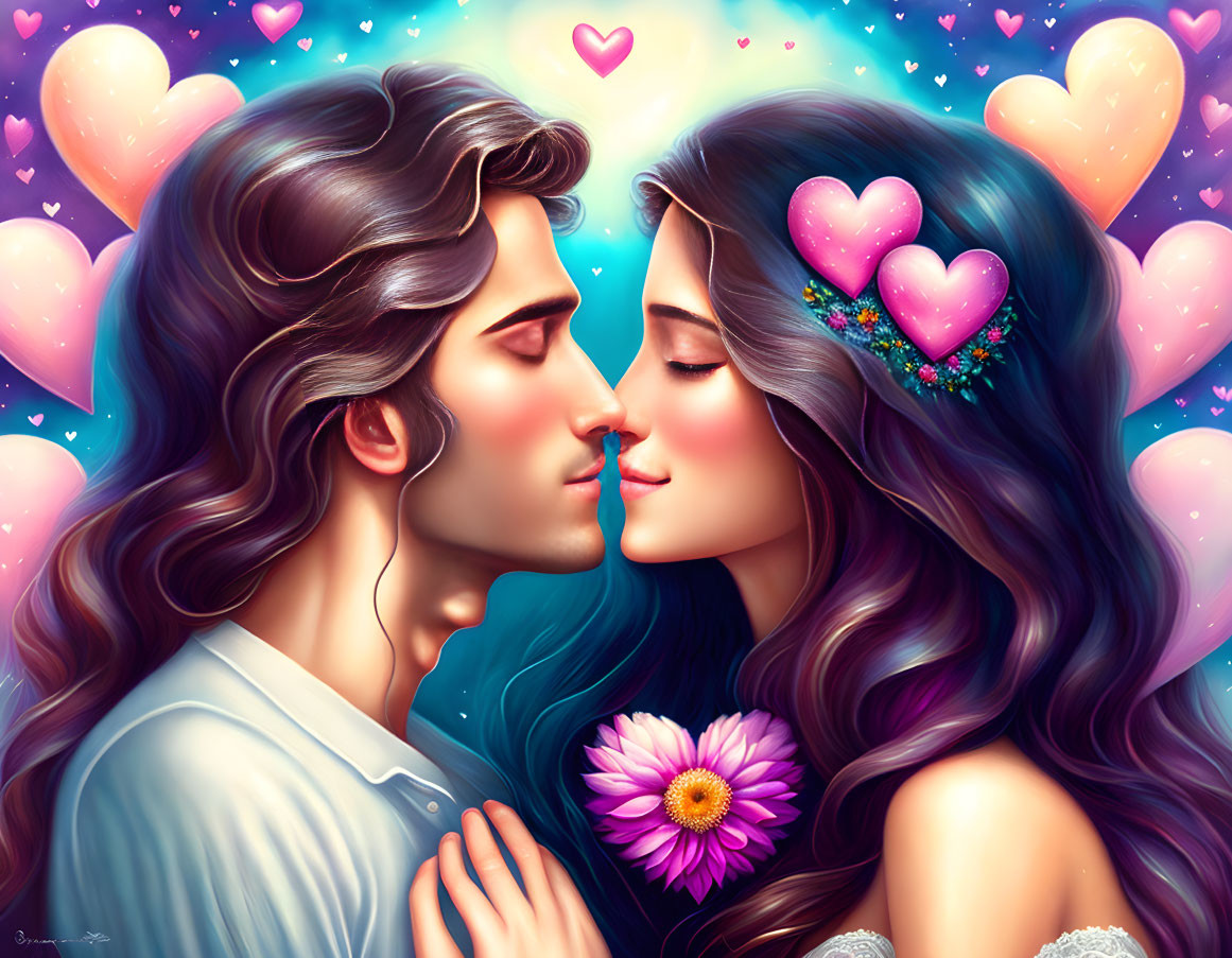 Illustration of romantic couple in embrace with glowing hearts