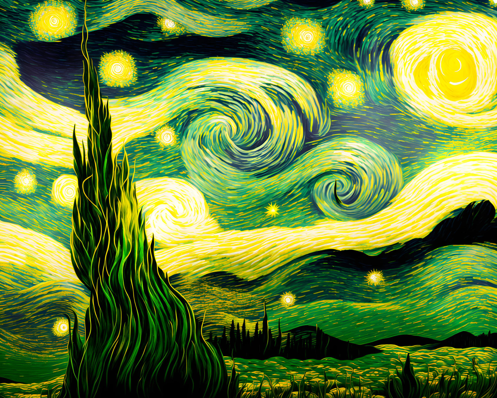 Swirling skies, bright stars, cypress tree - reminiscent of "Starry Night