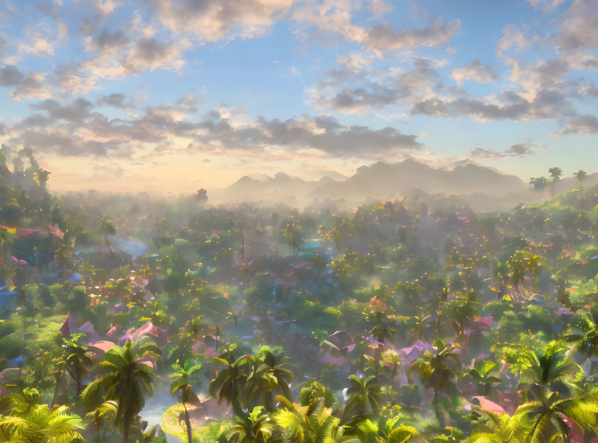 Tropical sunrise landscape with lush greenery, towering mountains, mist, and colorful flowers