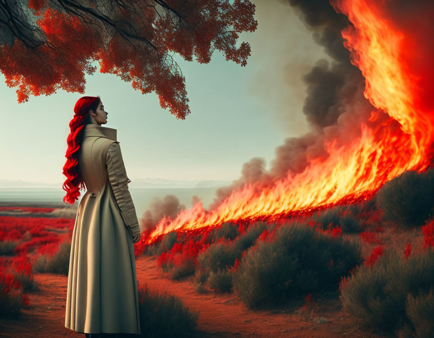 Red-haired woman admires fiery landscape with billowing smoke and serene sky.