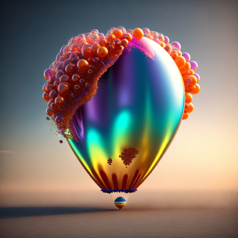 Colorful hot air balloon with bubble-like textures over desert at sunset
