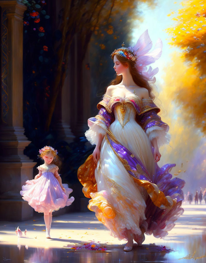 Ethereal woman and young girl in magical forest setting