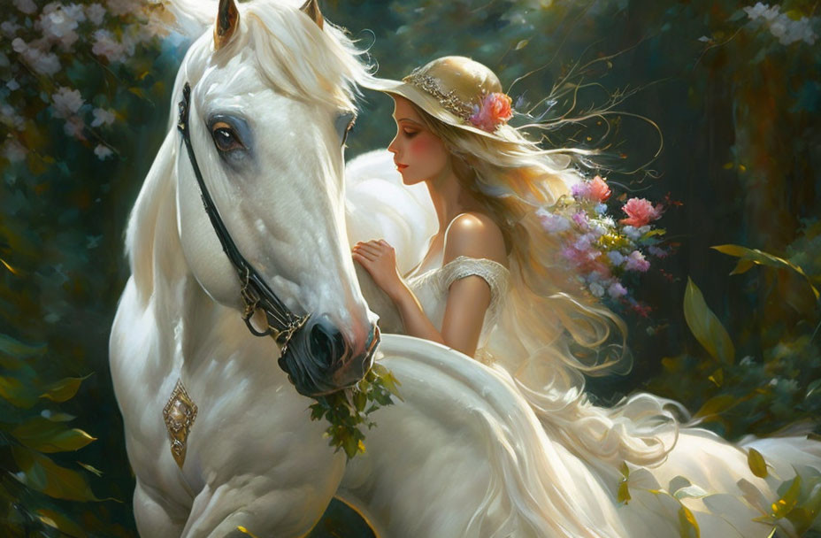 Woman in elegant attire embracing white horse in lush floral setting