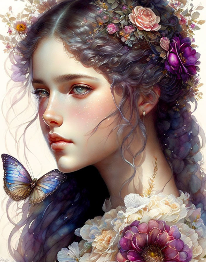 Digital artwork of young woman with violet hair, floral garland, freckles, and butterfly.