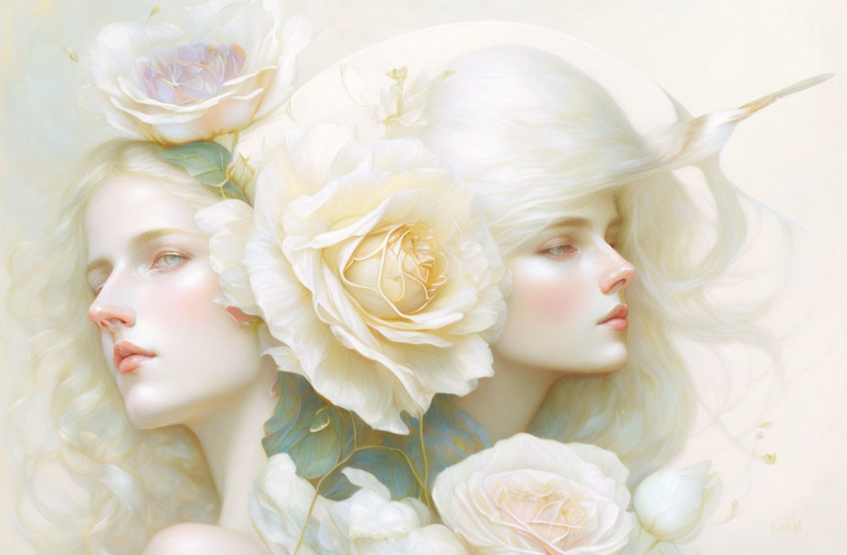 Ethereal women with pale skin and roses in dreamy background
