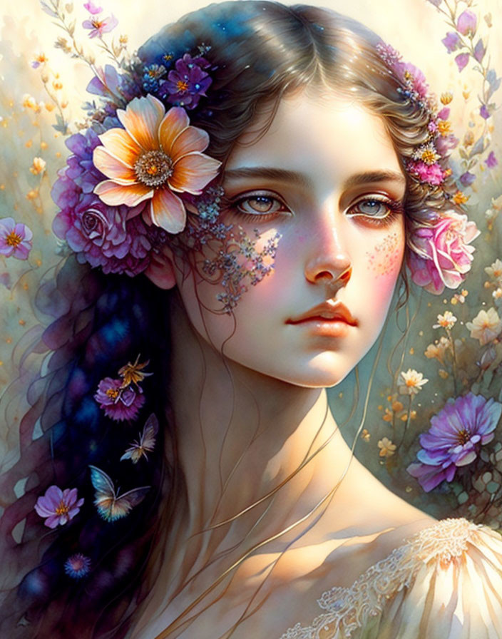 Young woman with flowers and butterflies in her hair against dreamy background