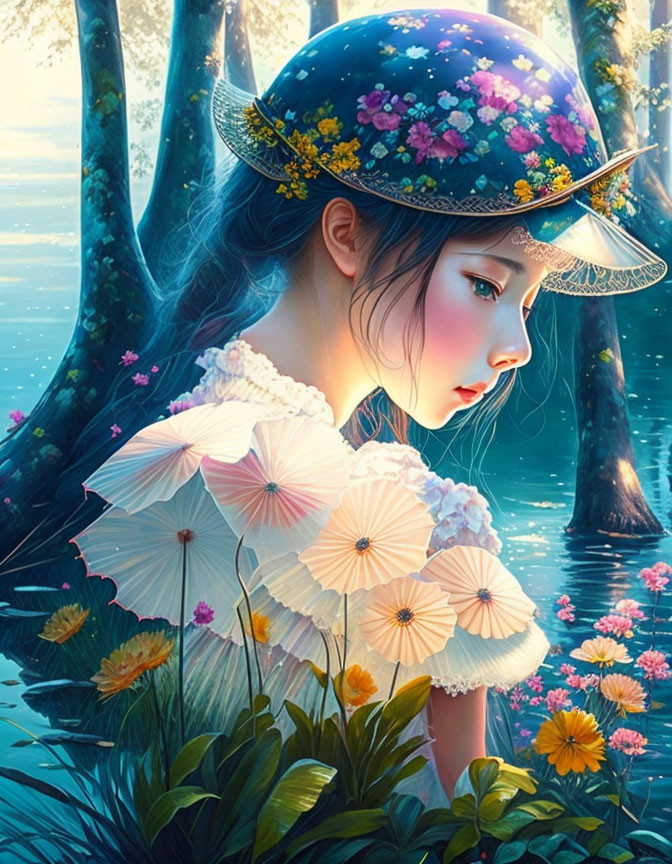 Digital artwork featuring girl in floral hat & fan-like dress, amidst lush forest & flowers