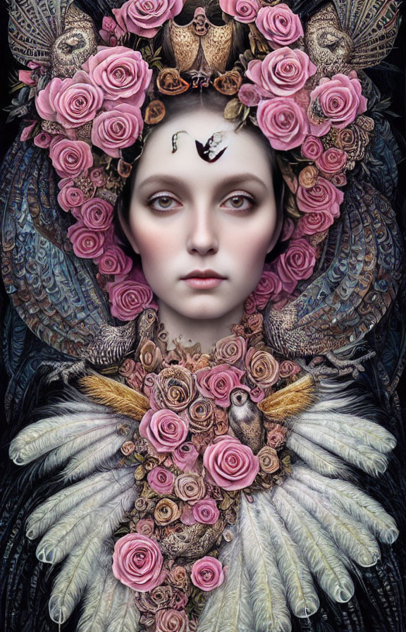 Surreal portrait of female figure with pink rose halo and bird feathers