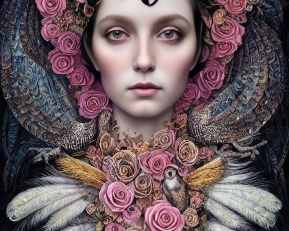 Surreal portrait of female figure with pink rose halo and bird feathers