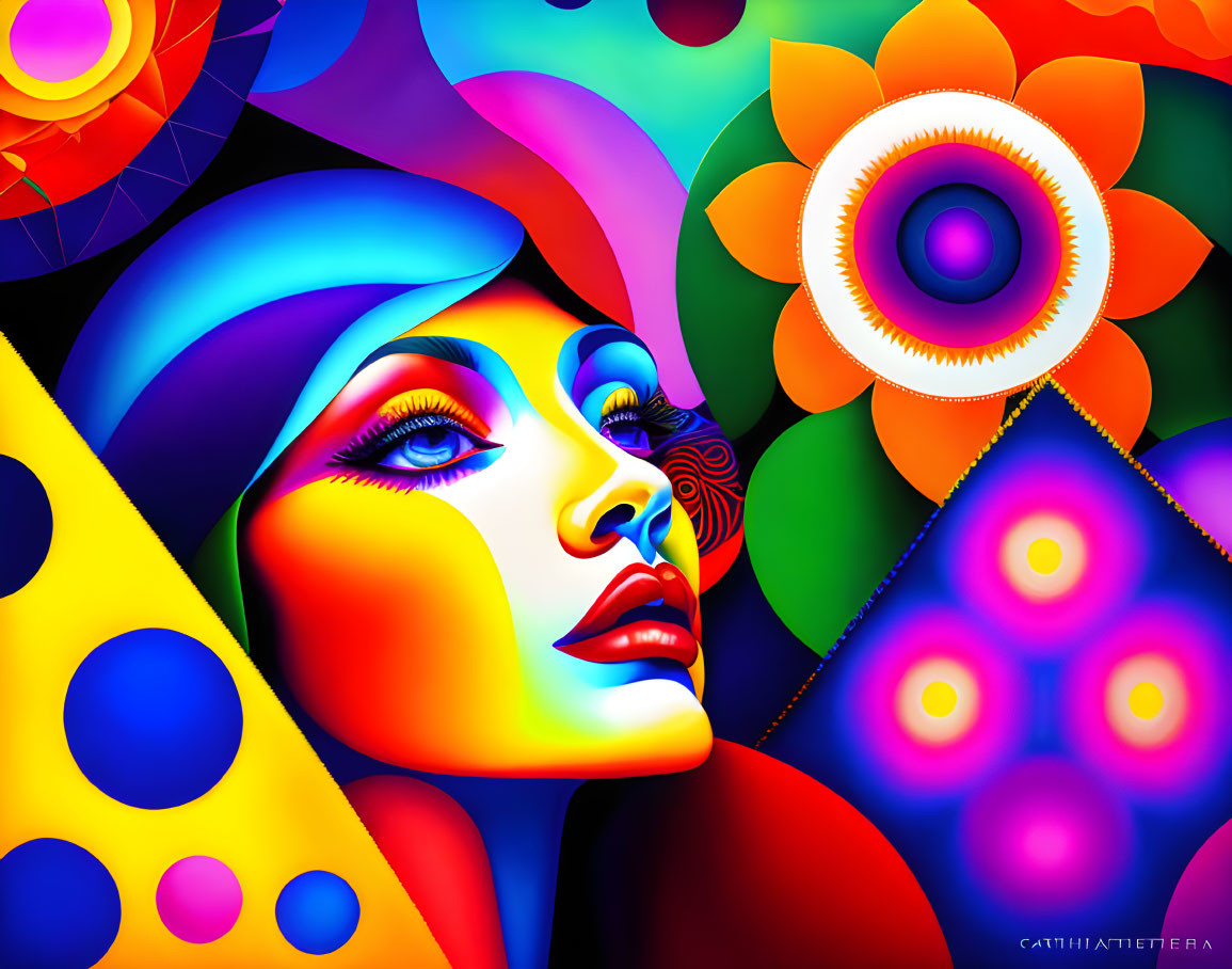 Colorful digital artwork: Woman's face with flowers and geometric shapes